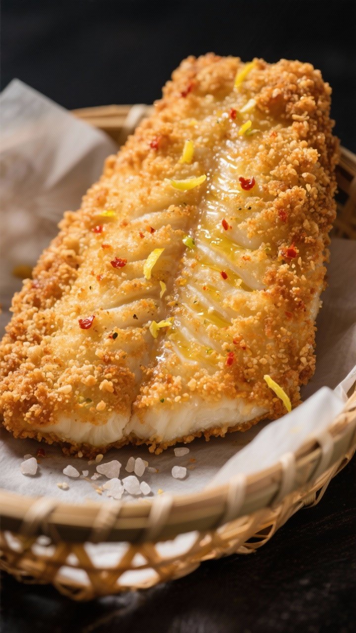 Close-up detail: Air-fried crumbed cod fillet just out of the basket, showing ultra-crispy panko and
