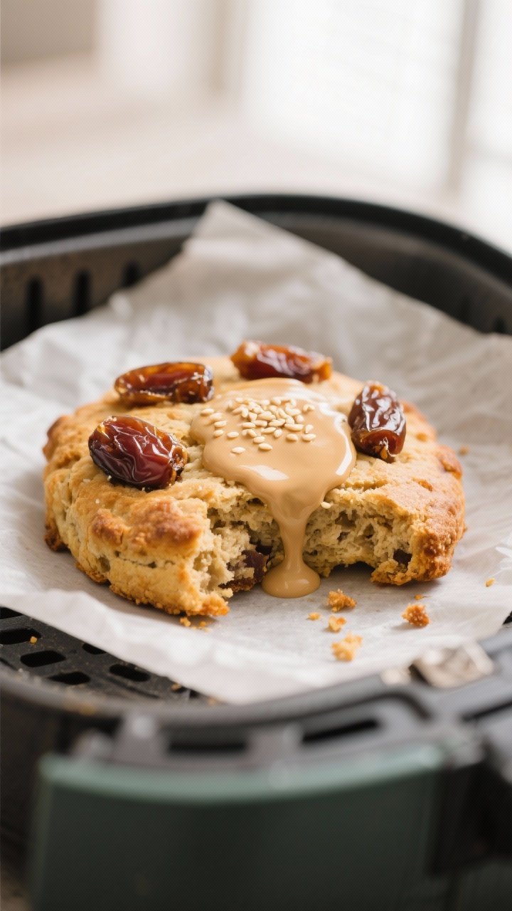 Close-up detail: Air-fried date and tahini scone just out of the basket, edges lightly crisp and gol