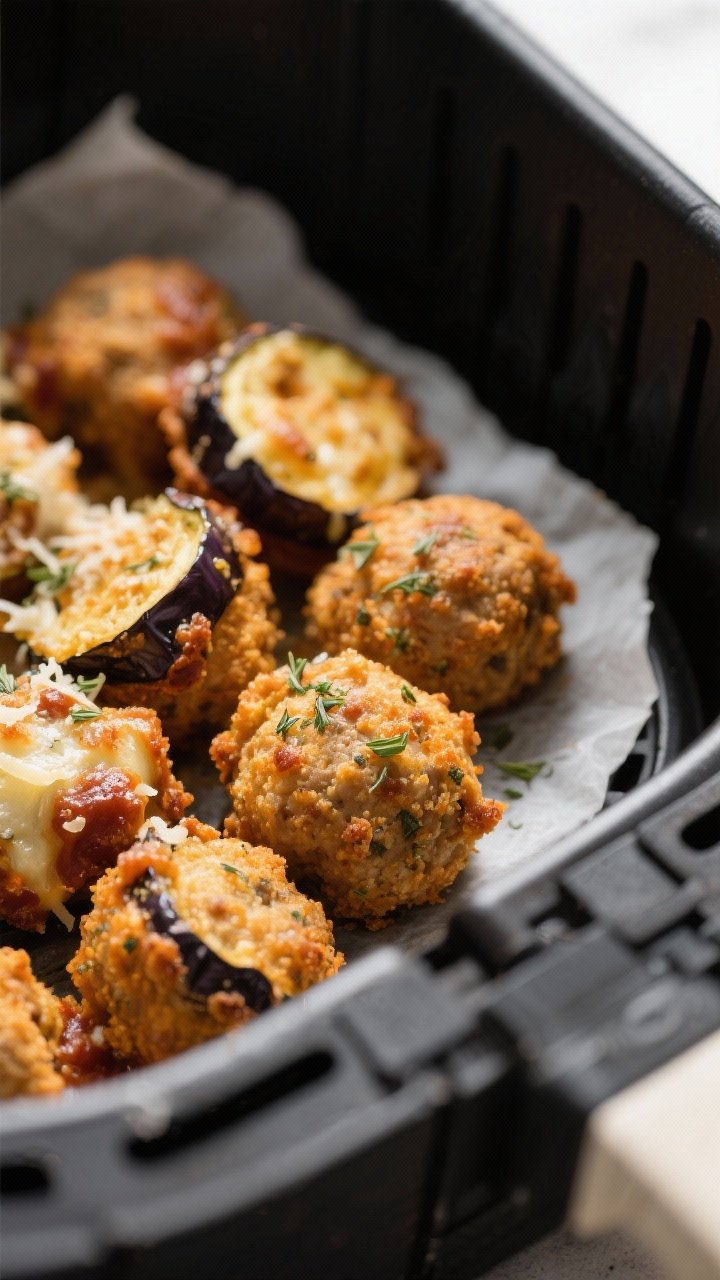 Close-up detail: Air-fried eggplant parm “meatballs” just out of the basket at 380°F—golden-b