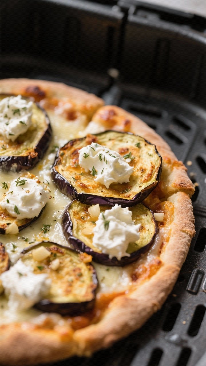 Close-up detail: Air-fried eggplant slices on a par-cooked mini pizza crust, edges lightly carameliz