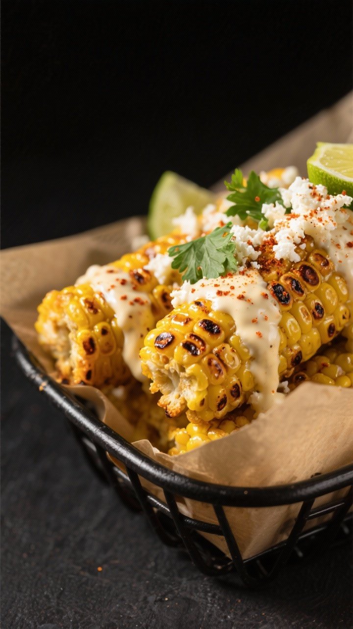 Close-up detail: Air-fried elote just out of the basket, kernels tender with golden-brown and lightl