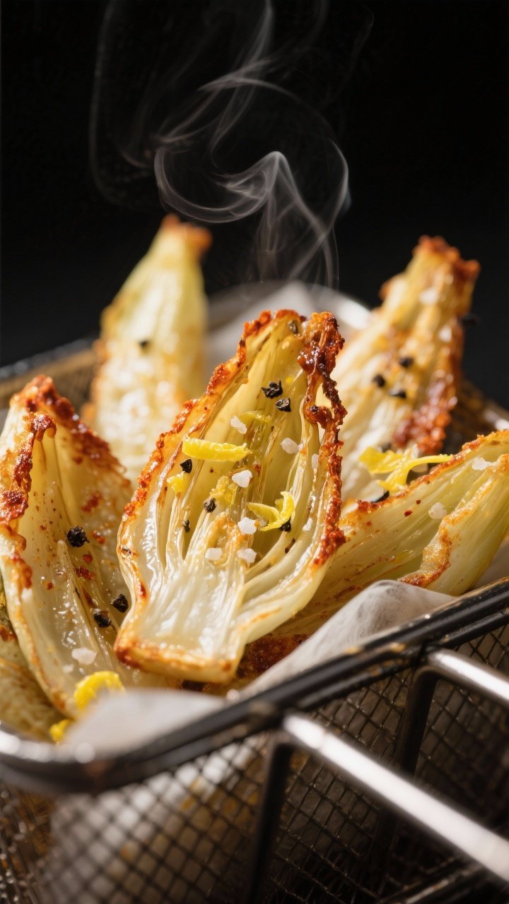 Close-up detail: Air-fried fennel wedges just out of the basket, edges deeply caramelized and crisp 