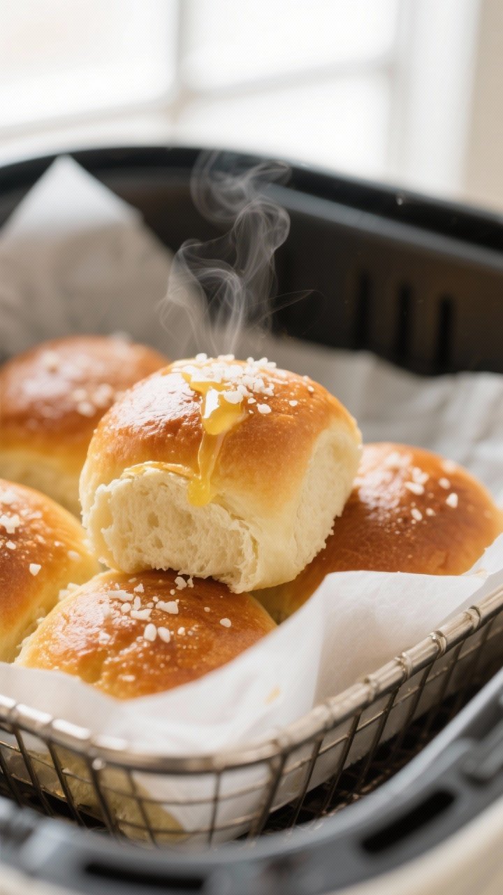 Close-up detail: Air-fried fluffy bread rolls just out of the basket, tops brushed with melted butte