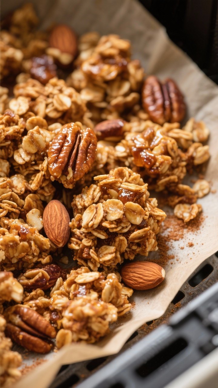 Close-up detail: Air-fried granola just finished cooking, golden-brown clusters with caramelized hon