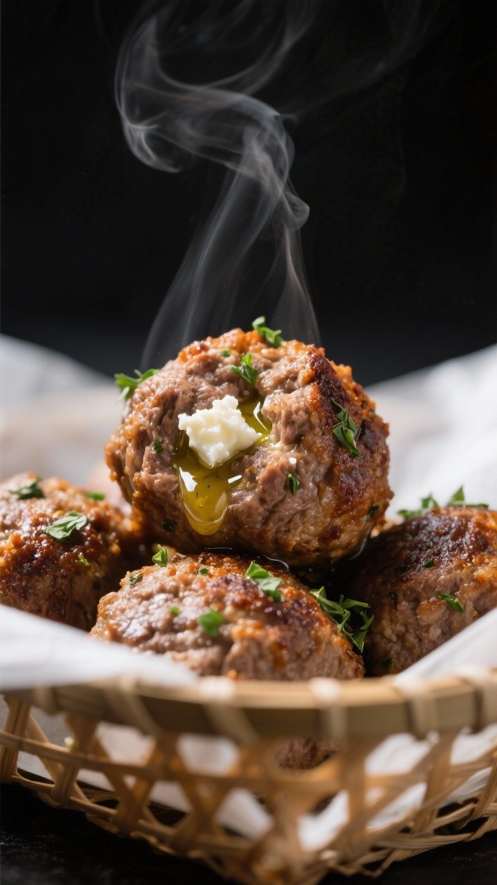Close-up detail: Air-fried Greek lamb meatballs just out of the basket, showing a browned, lightly c