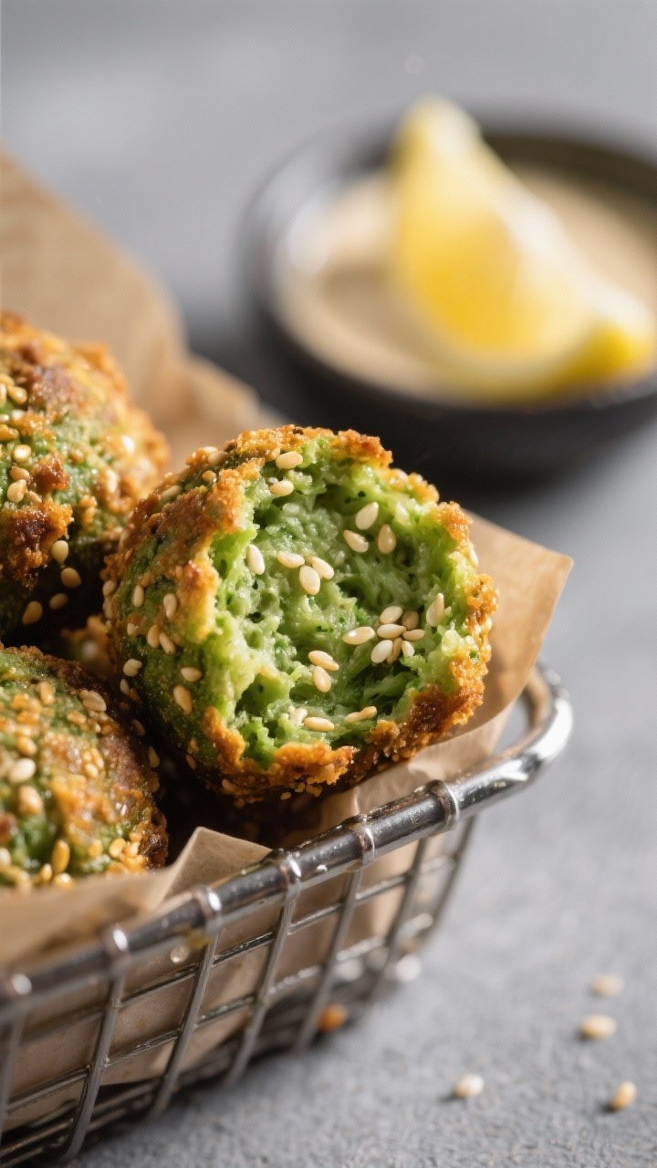 Close-up detail: Air-fried green falafel just out of the basket, crisp, deep golden edges with vibra