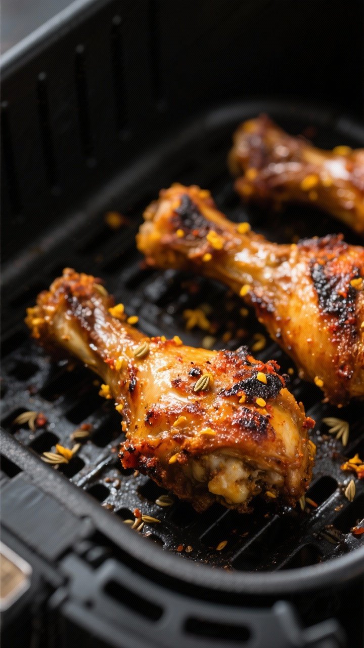 Close-up detail: Air-fried Indian-style drumstick fresh from the basket, ultra-crispy blistered skin