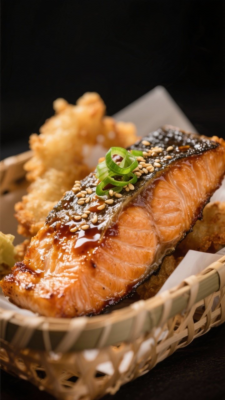 Close-up detail: Air-fried Japanese salmon fillet just out of the basket, caramelized miso glaze gli