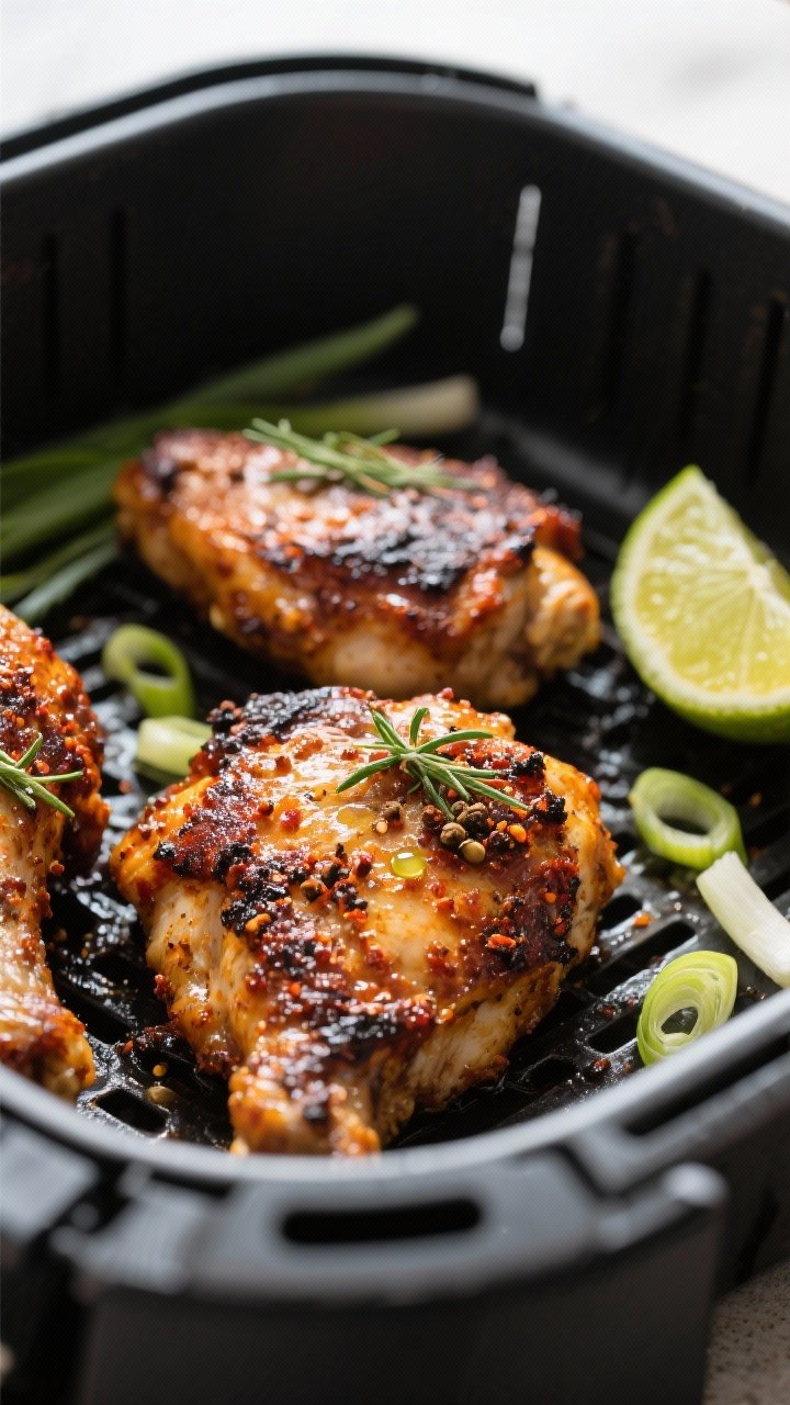 Close-up detail: Air-fried jerk chicken thighs just out of the basket with crisp charred edges and g