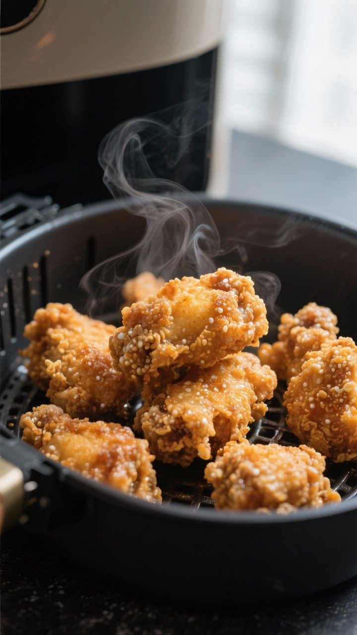 Close-up detail: Air-fried Korean fried chicken bites just after the double-cook step, golden and cr
