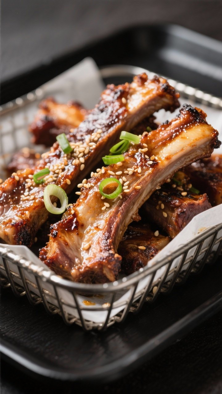 Close-up detail: Air-fried Korean short ribs (galbi) just out of the basket with deeply caramelized 