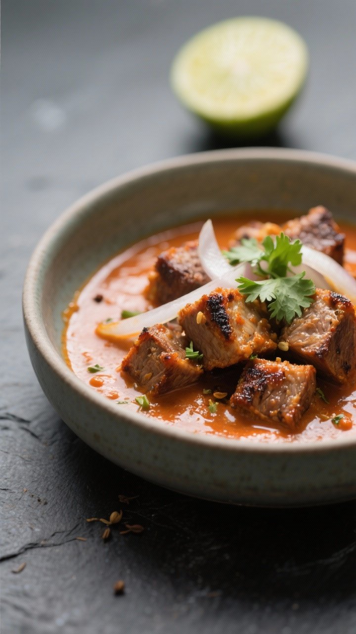 Close-up detail: Air-fried lamb cubes with caramelized, charred edges glistening in a silky coconut-