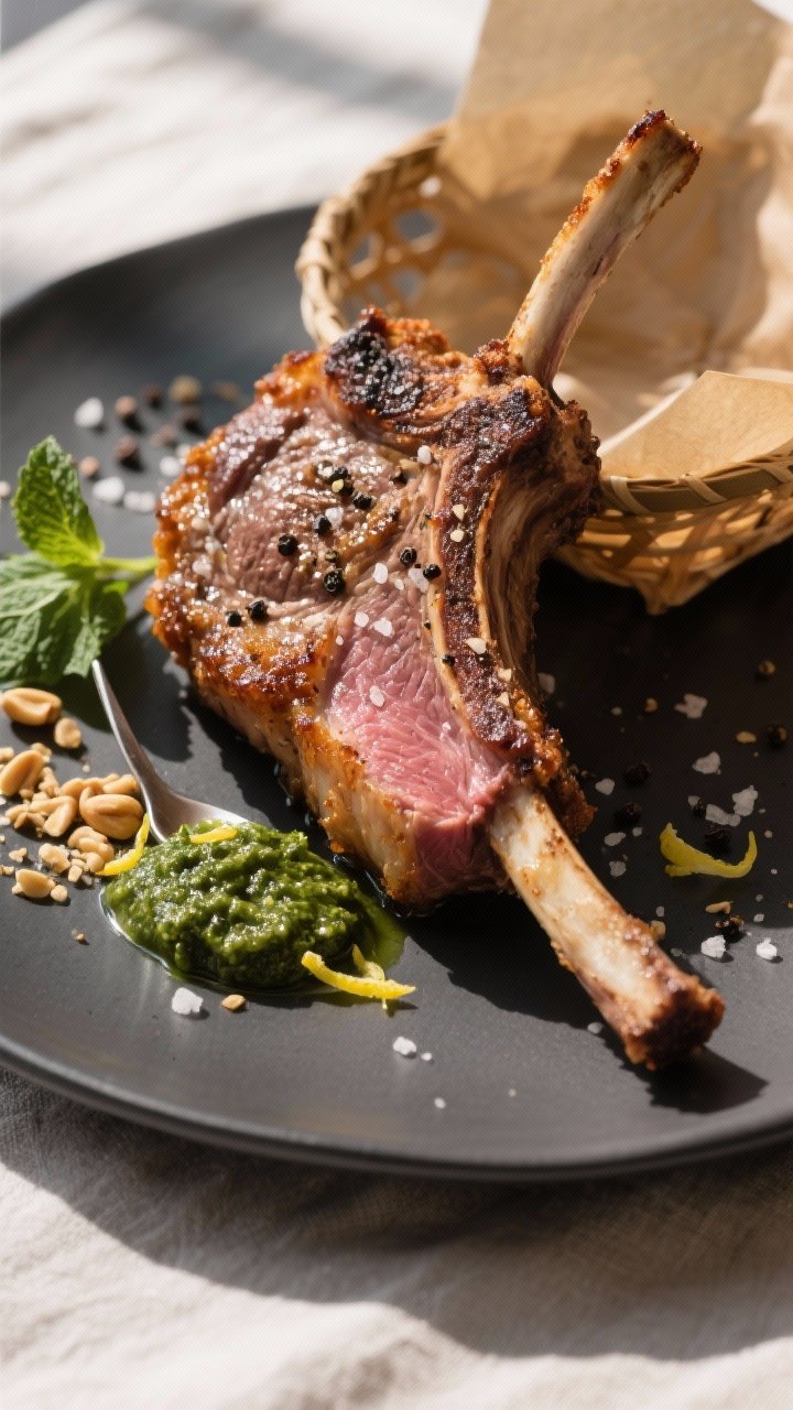 Close-up detail: Air-fried lamb cutlet just out of the basket, deeply browned crust with caramelized