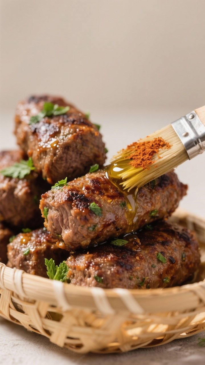 Close-up detail: Air-fried lamb kofta just out of the basket, deeply browned and slightly blistered 