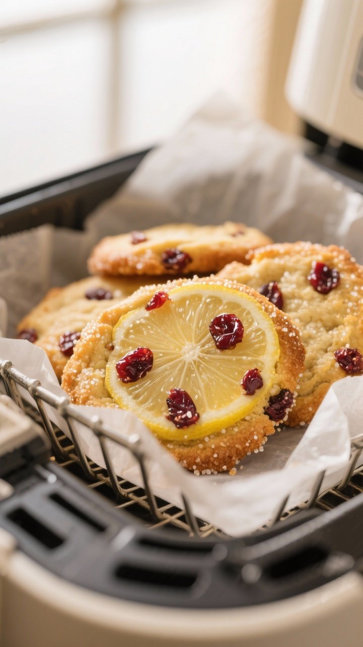 Close-up detail: Air-fried lemon and cranberry cookies just out of the basket, crisp golden-brown ed