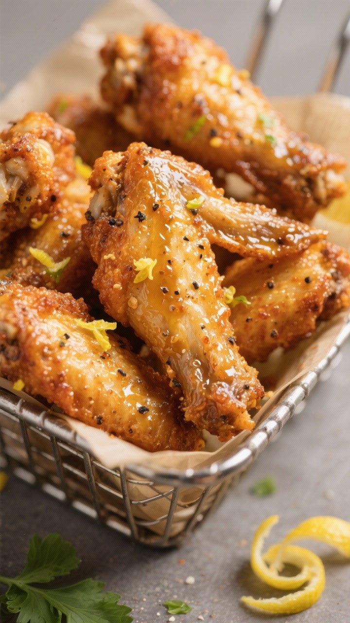 Close-up detail: Air-fried lemon pepper chicken wings just out of the basket, skin deeply golden and