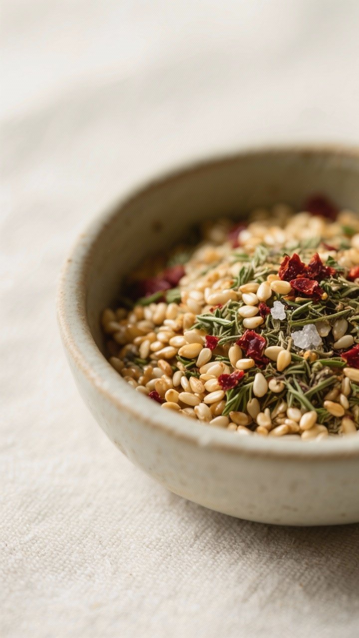Close-up detail: Air-fried, lightly golden sesame seeds tossed into a warm za’atar blend (thyme, o