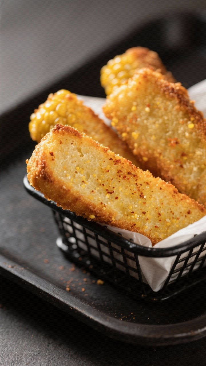 Close-up detail: Air-fried maize bread soldiers fresh from the basket, golden and crisp at the edges