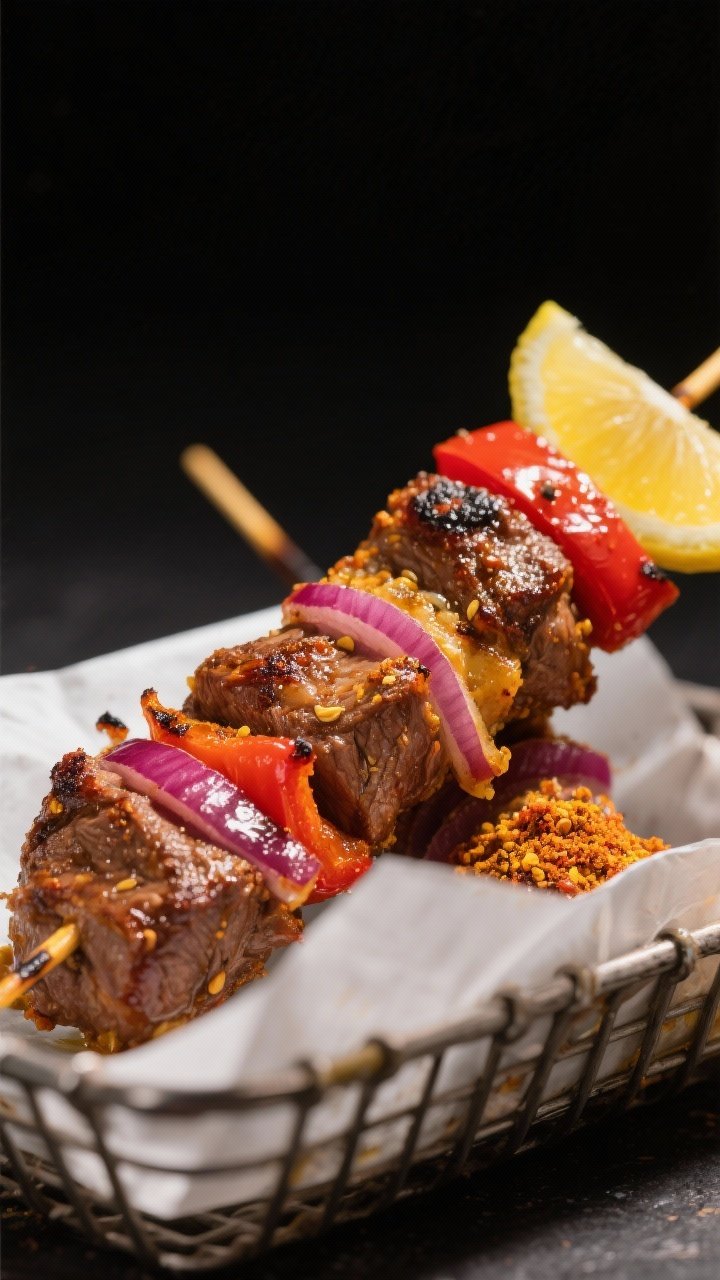 Close-up detail: Air-fried Moroccan lamb skewer just out of the basket, showing caramelized, lightly