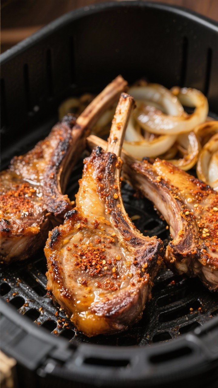Close-up detail: Air-fried mutton chops just out of the basket, golden-brown crust with visible papr