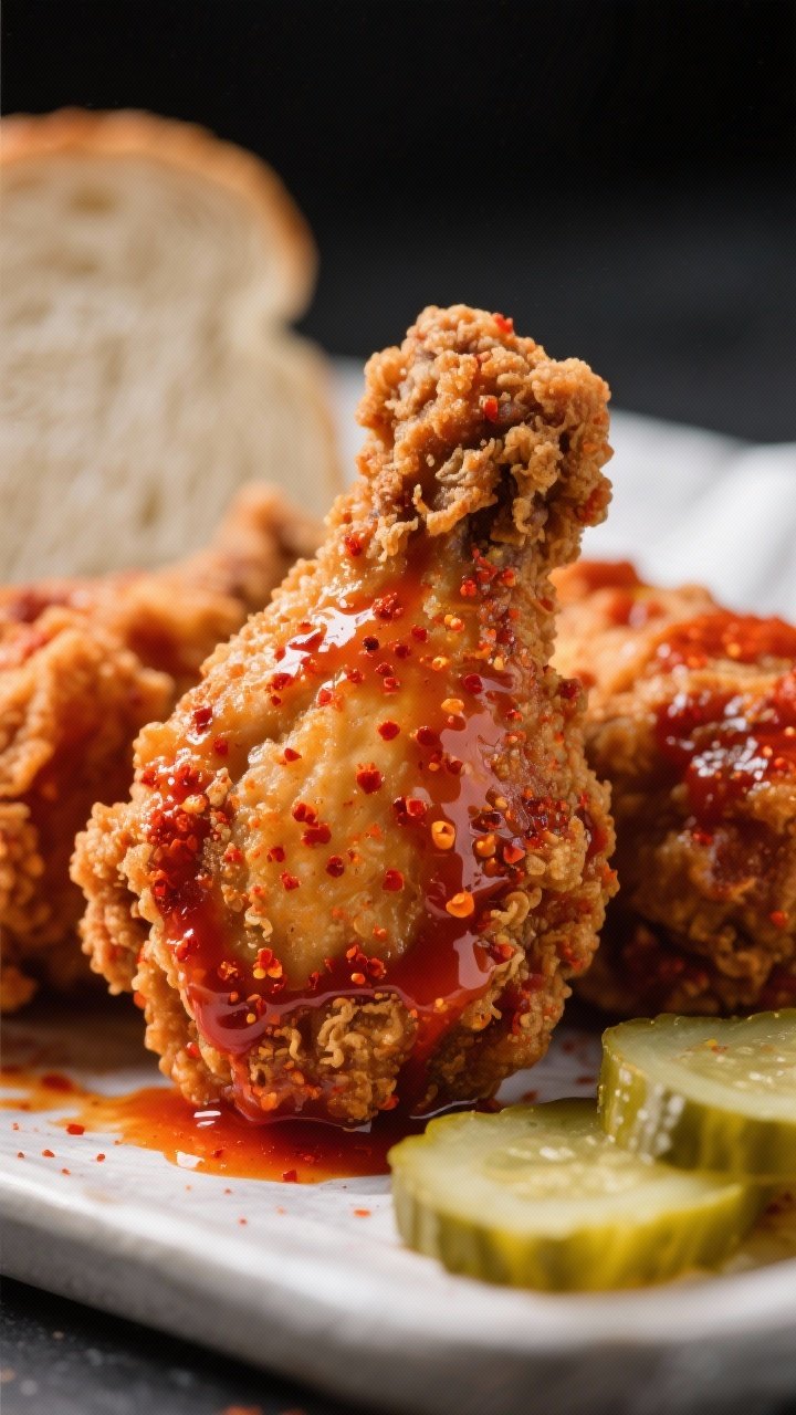 Close-up detail: Air-fried Nashville hot chicken just brushed with fiery cayenne-butter glaze, showi