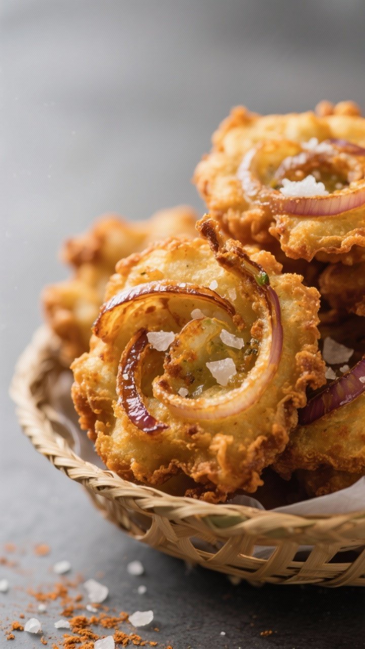 Close-up detail: Air-fried onion bhajis just out of the basket, deep golden and craggy edges with vi