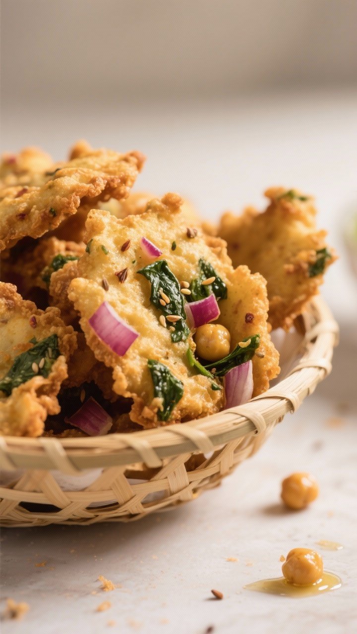 Close-up detail: Air-fried pakoras just out of the basket, golden and deeply crisp with craggy edges