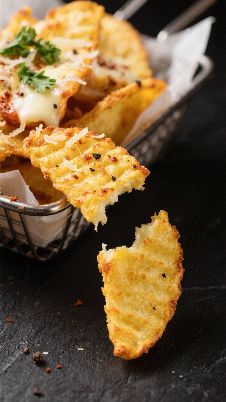 Close-up detail: Air-fried polenta chips just out of the basket, edges deep golden with light bliste
