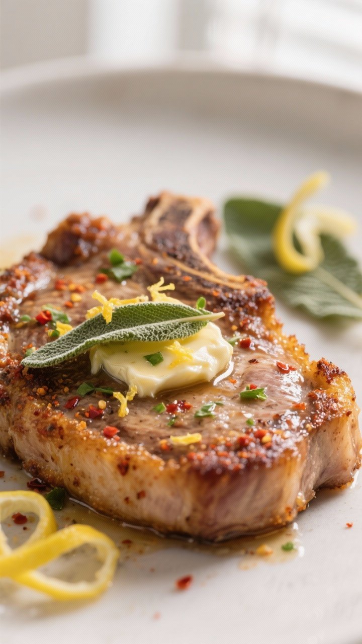 Close-up detail: Air-fried pork chop just after resting, glistening with melting sage butter flecked