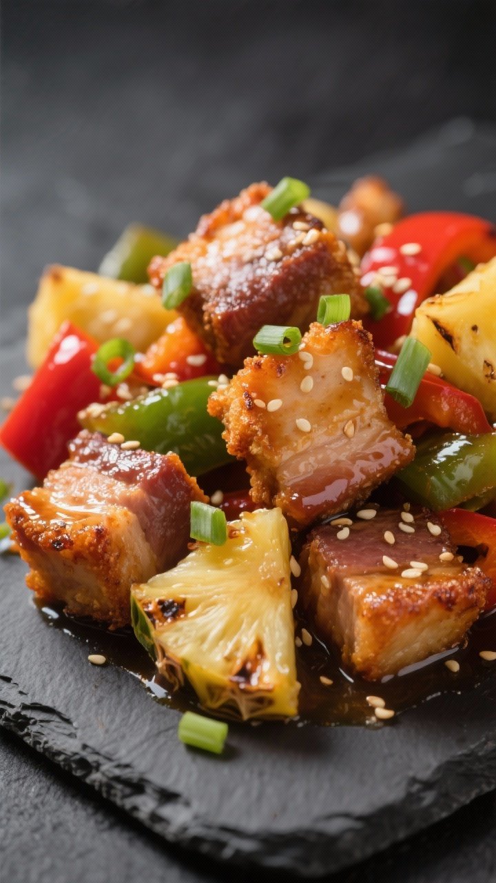 Close-up detail: Air-fried pork cubes with caramelized, crispy edges glistening in glossy sweet-and-