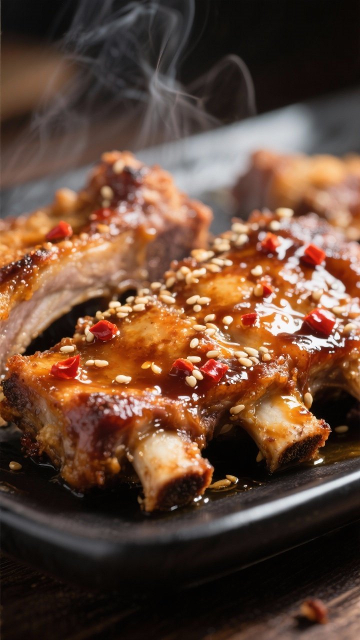 Close-up detail: Air-fried pork ribs just after the first glaze set, glossy sticky ginger sauce clin