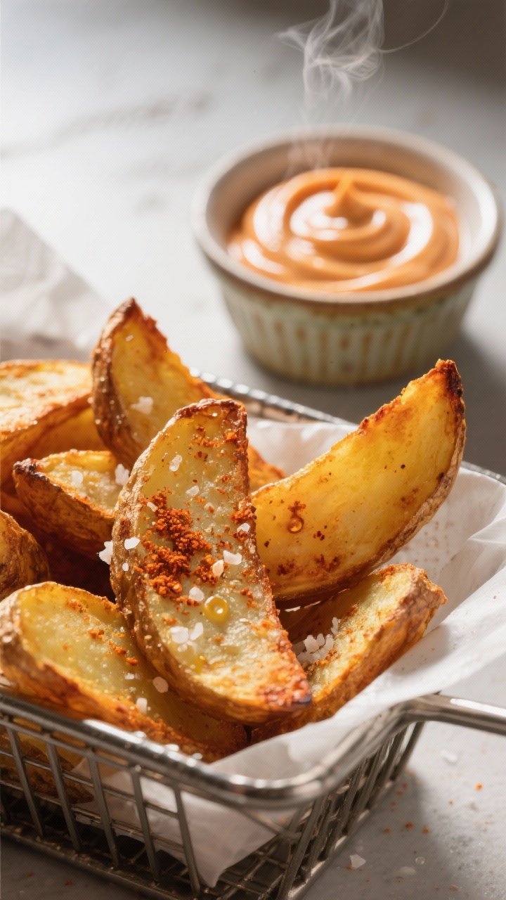 Close-up detail: Air-fried potato wedges just out of the basket, deeply golden with blistered edges 