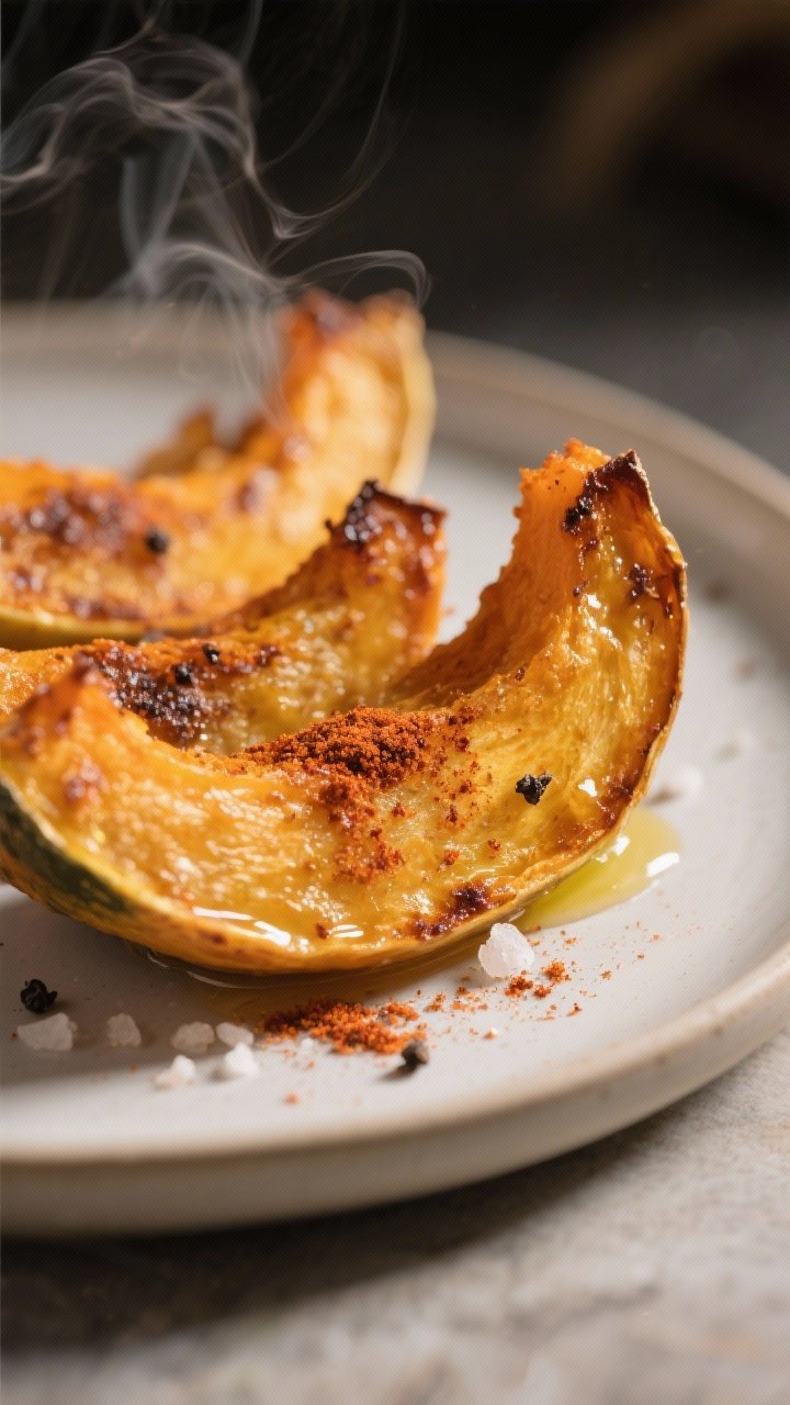 Close-up detail: Air-fried pumpkin wedges with deeply caramelized, crisped edges and tender, steamin