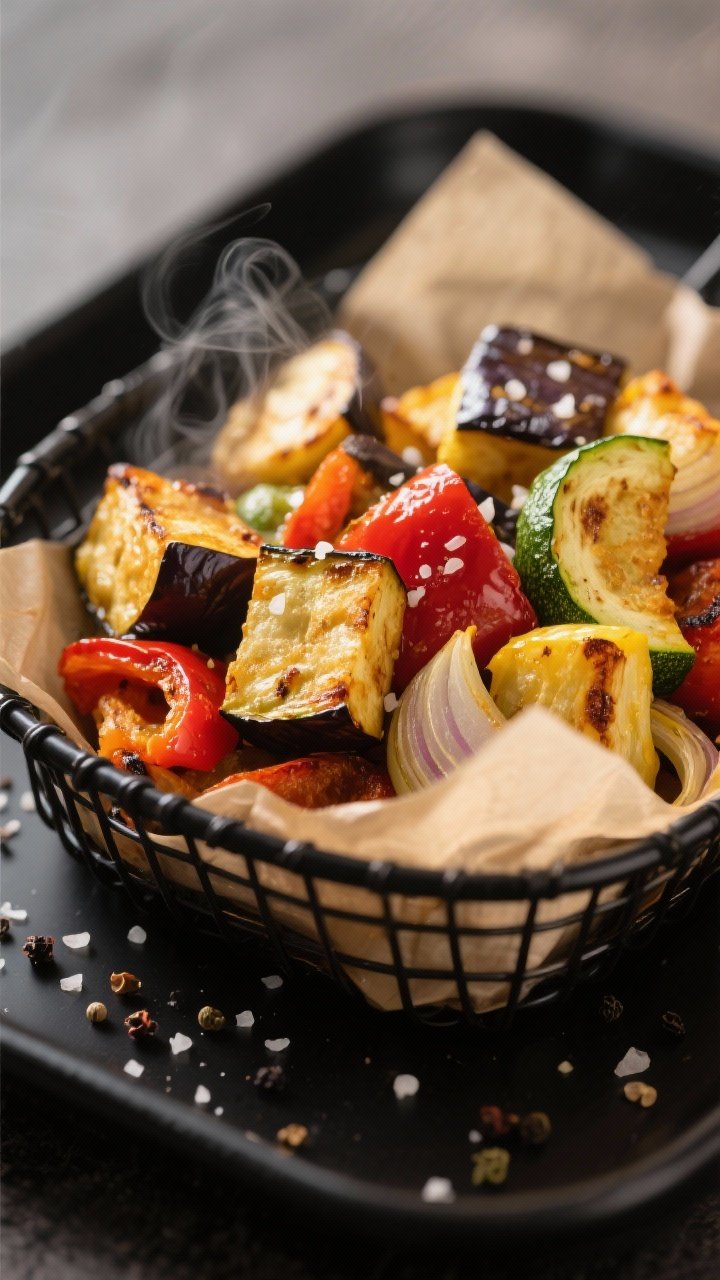 Close-up detail: Air-fried ratatouille vegetables just out of the basket—golden-edged eggplant cub