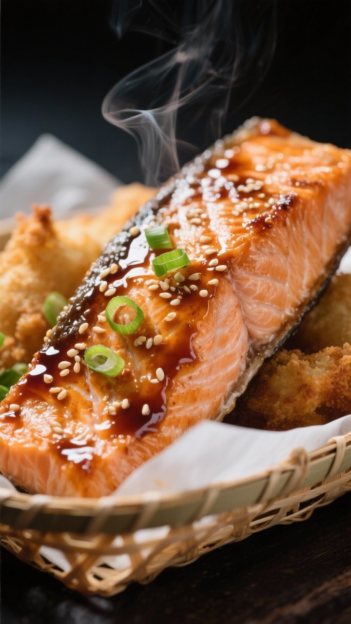 Close-up detail: Air-fried salmon fillet just out of the basket, brushed with glossy teriyaki glaze,
