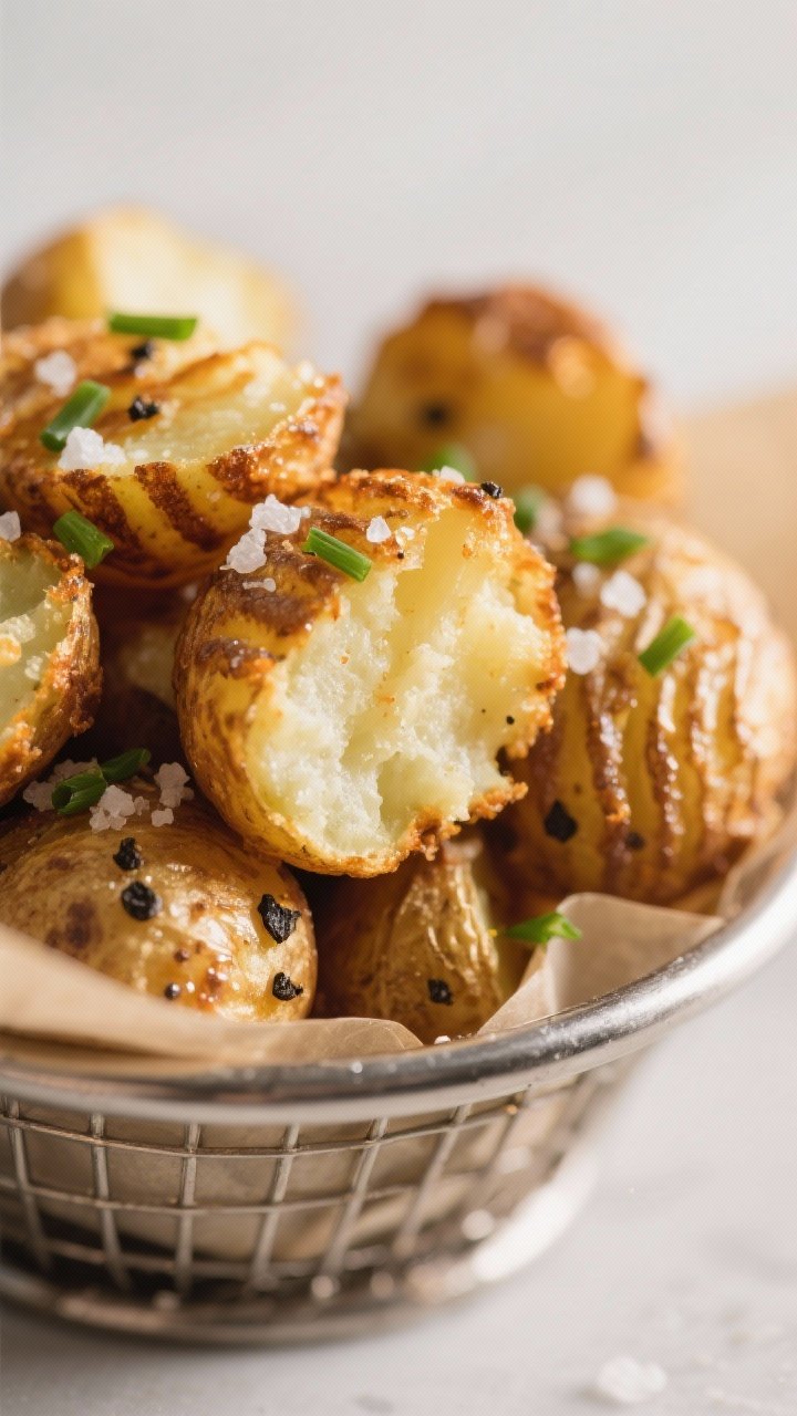 Close-up detail: Air-fried salt-and-vinegar smashed baby potatoes just out of the basket, showing de