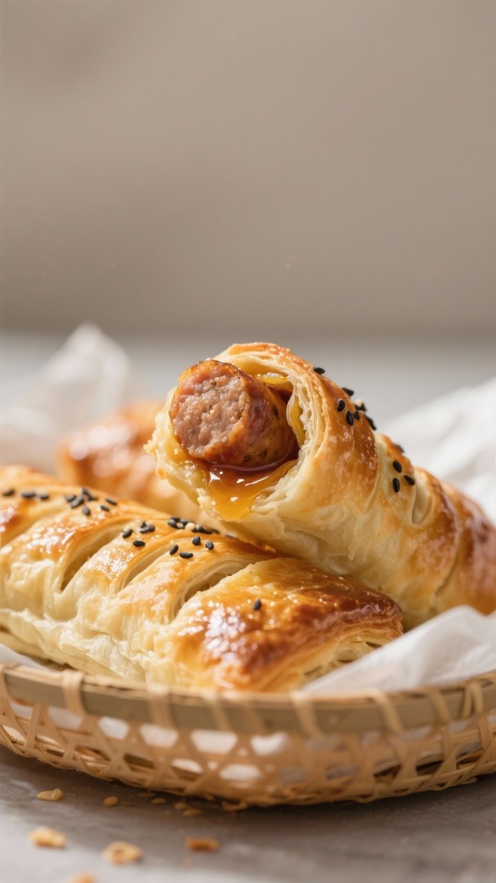 Close-up detail: Air-fried sausage rolls just out of the basket, pastry deep golden and blistered wi