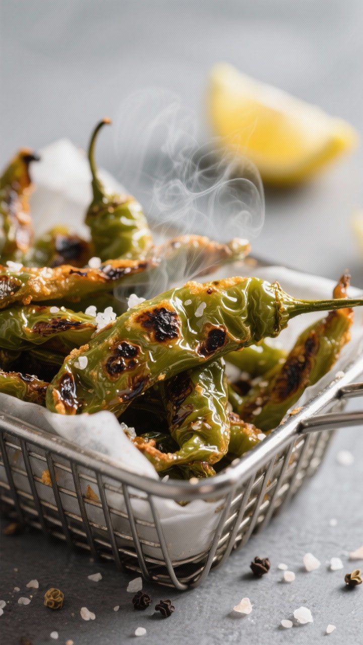 Close-up detail: Air-fried shishito peppers just out of the basket with crisp, blistered skins and w