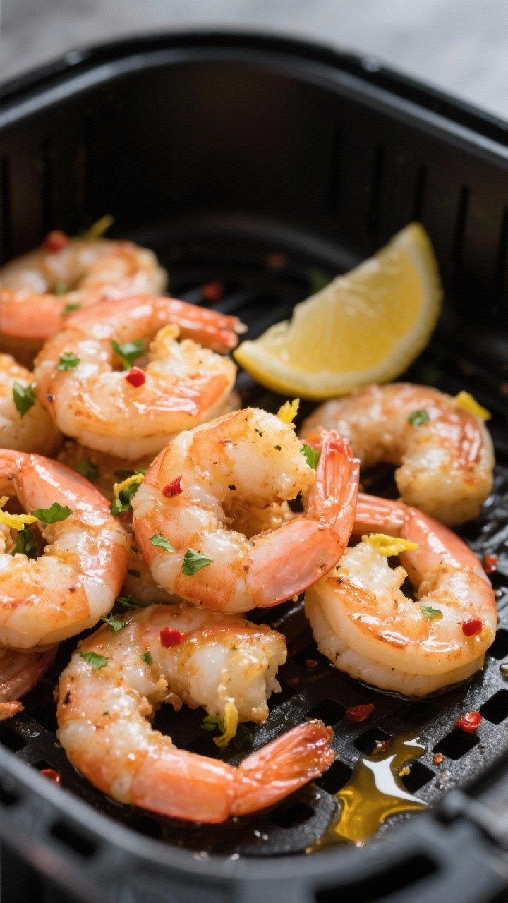 Close-up detail: Air-fried shrimp scampi just out of the basket, shrimp curled into loose C-shapes, 