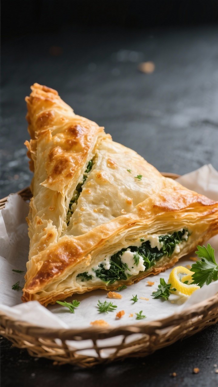 Close-up of an air fried spanakopita triangle with golden phyllo