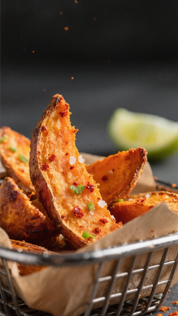Close-up detail: Air-fried sweet potato wedges just out of the basket, edges deeply caramelized and 
