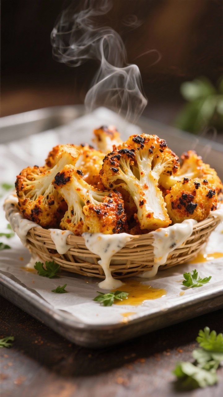 Close-up of crispy, spiced tandoori cauliflower out of the air fryer