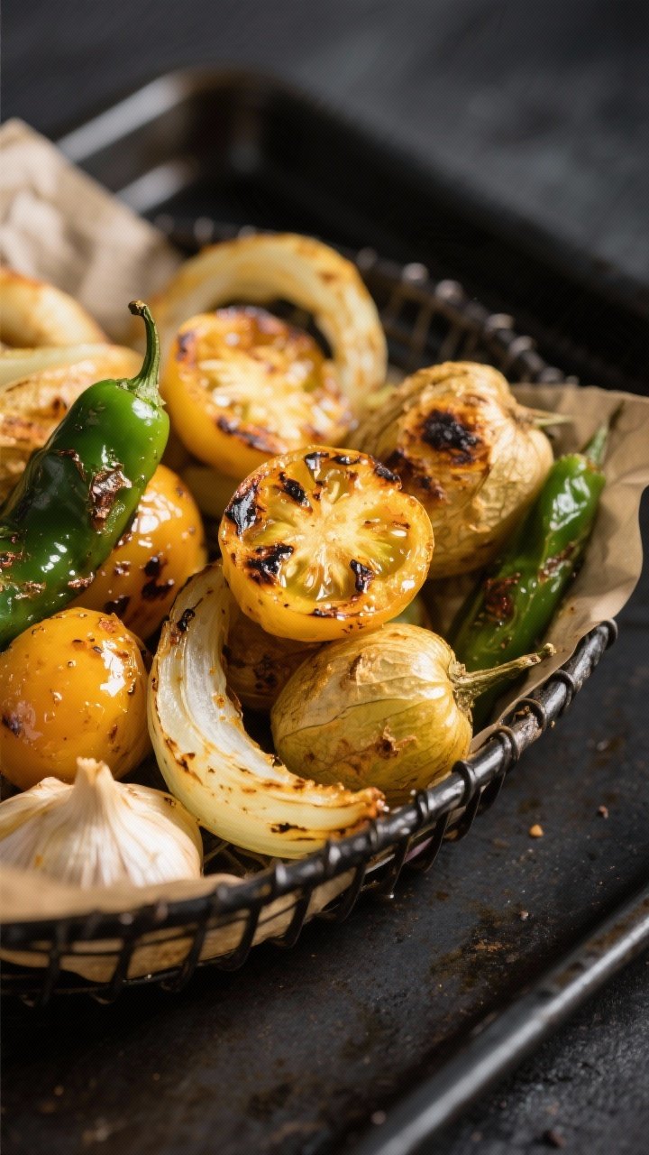 Close-up detail: Air-fried tomatillos, onion wedges, jalapeño and serrano peppers just out of the b