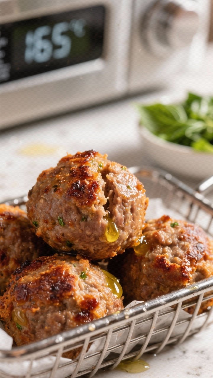 Close-up detail: Air-fried tomato meatballs just out of the basket, lightly crisped and browned with