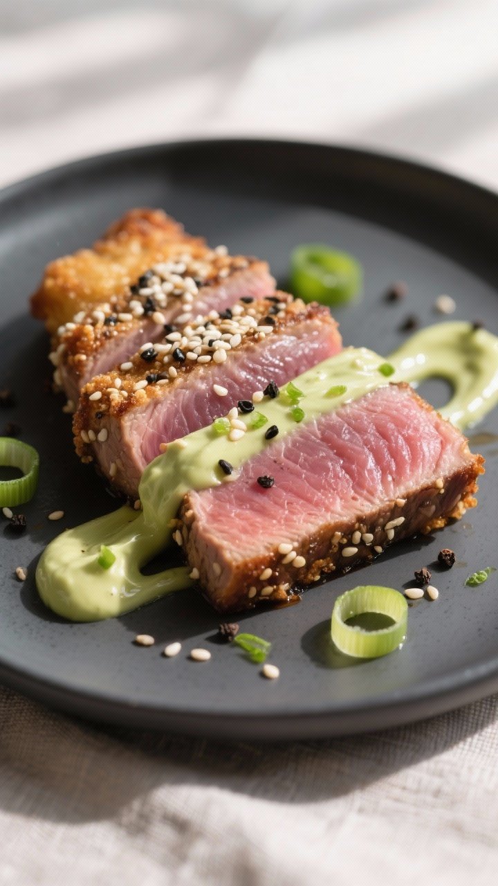 Close-up detail: Air-fried tuna steak sliced against the grain to rare-medium-rare (rosy center, lig
