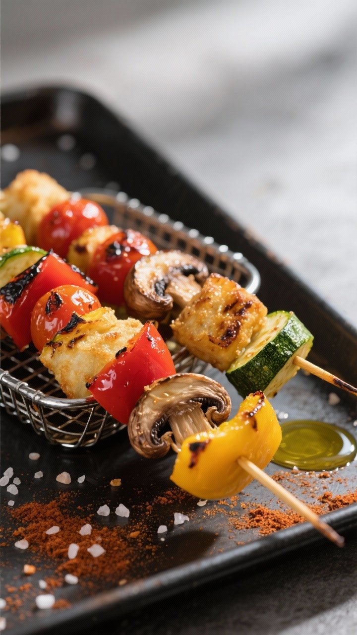 Close-up of charred vegetable kebabs with tahini drizzle