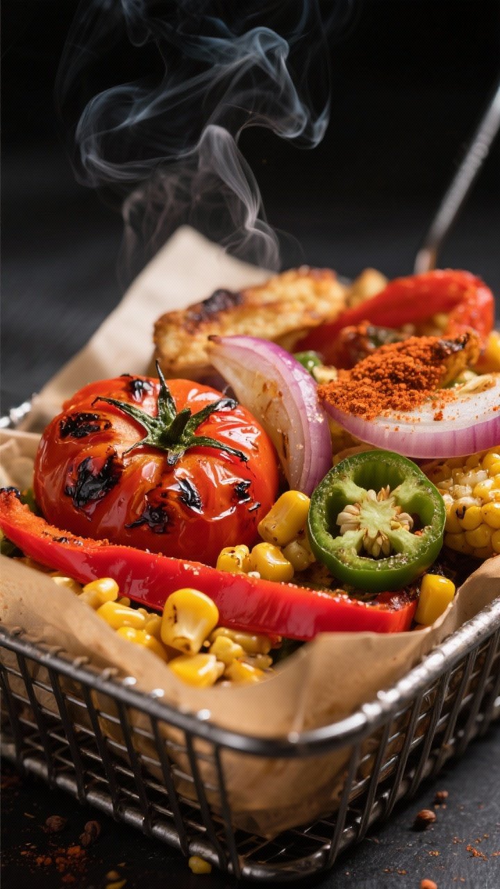 Close-up detail: Air-fried vegetable medley just out of the basket—lightly charred Roma tomatoes w