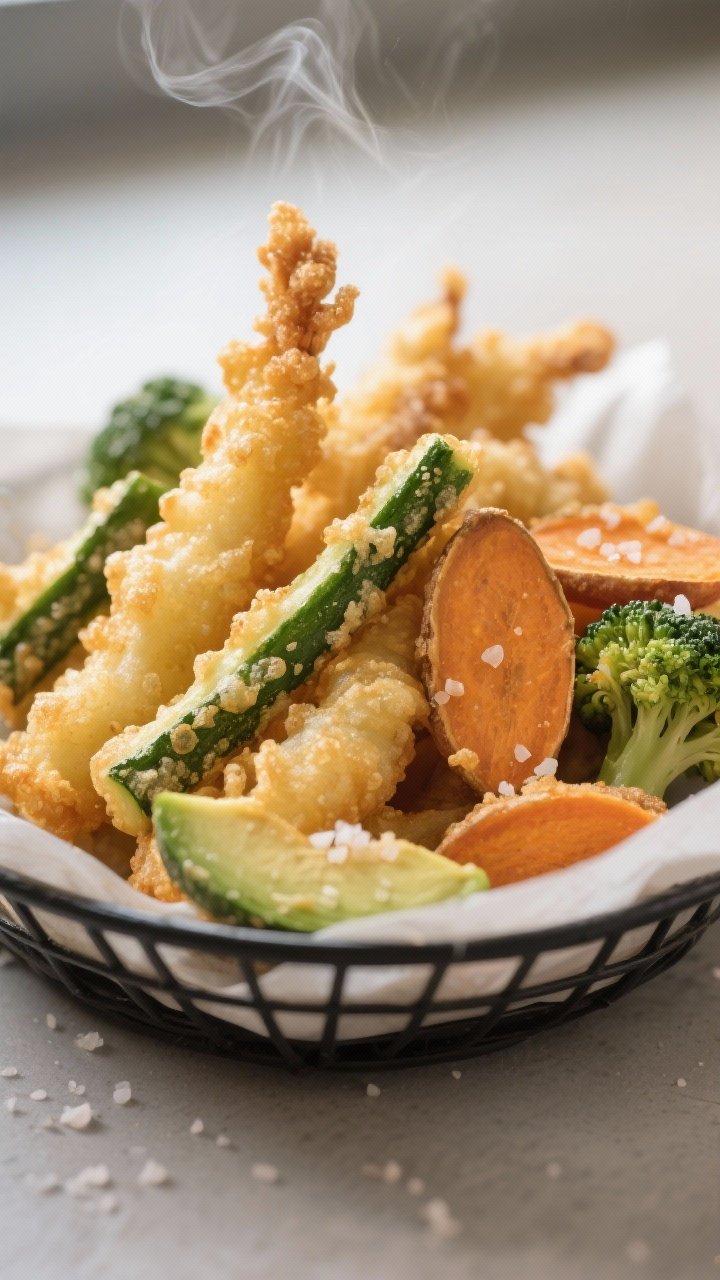 Close-up detail: Air-fried vegetable tempura just out of the basket—golden, blistered crust on zuc