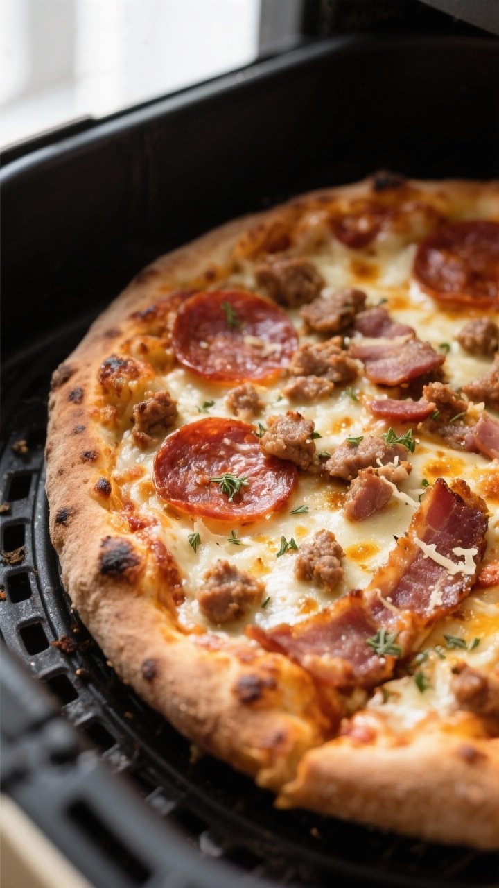 Close-up detail: Air fryer 3-meat pizza just finished cooking at 380°F, bubbling low-moisture mozza