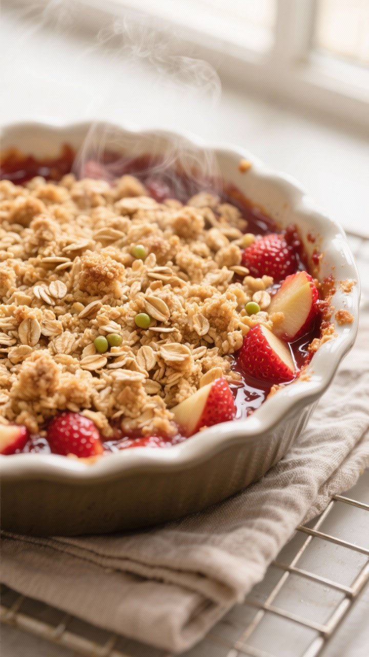 Close-up detail: Air fryer apple and strawberry crumble just out of the basket, golden, crisp oat-al